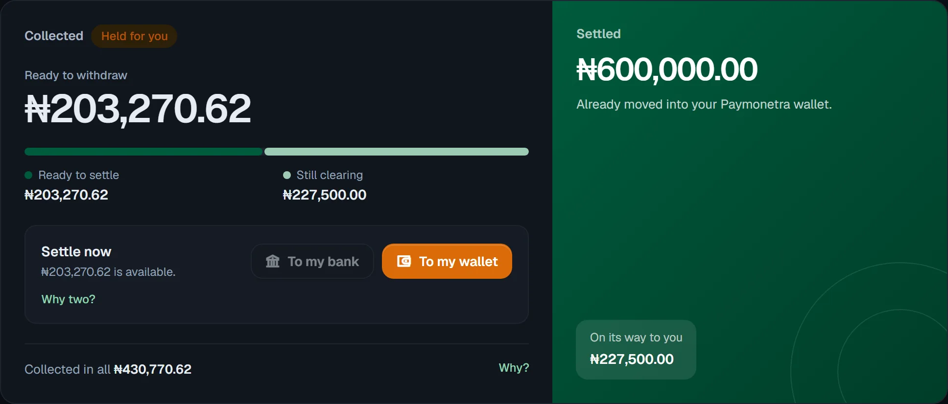 Balance card showing funds ready to settle
